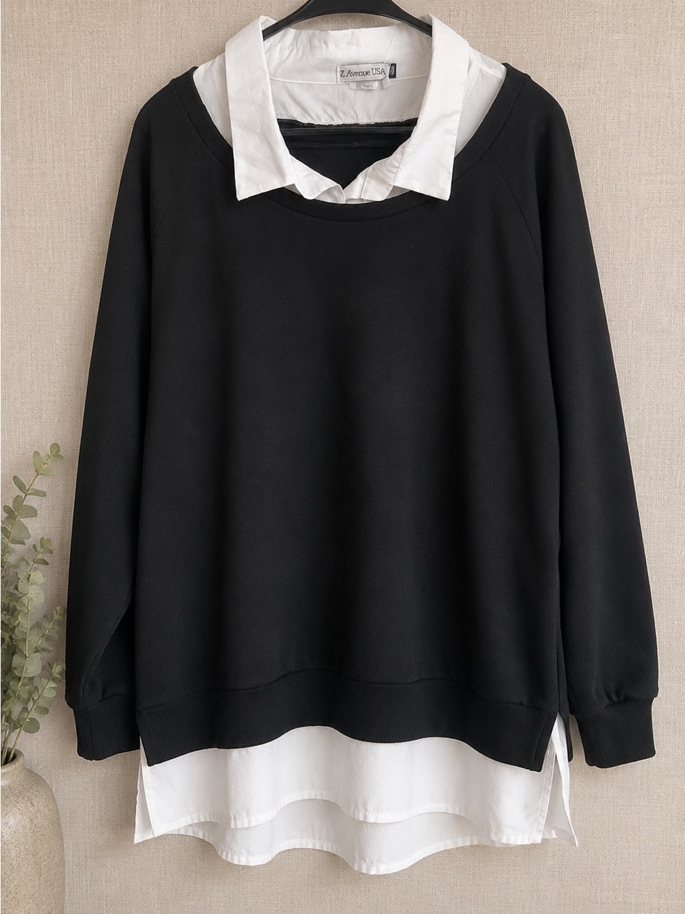Z Avenue USA Layered Collared Sweatshirt Top Black White 3XL NWT